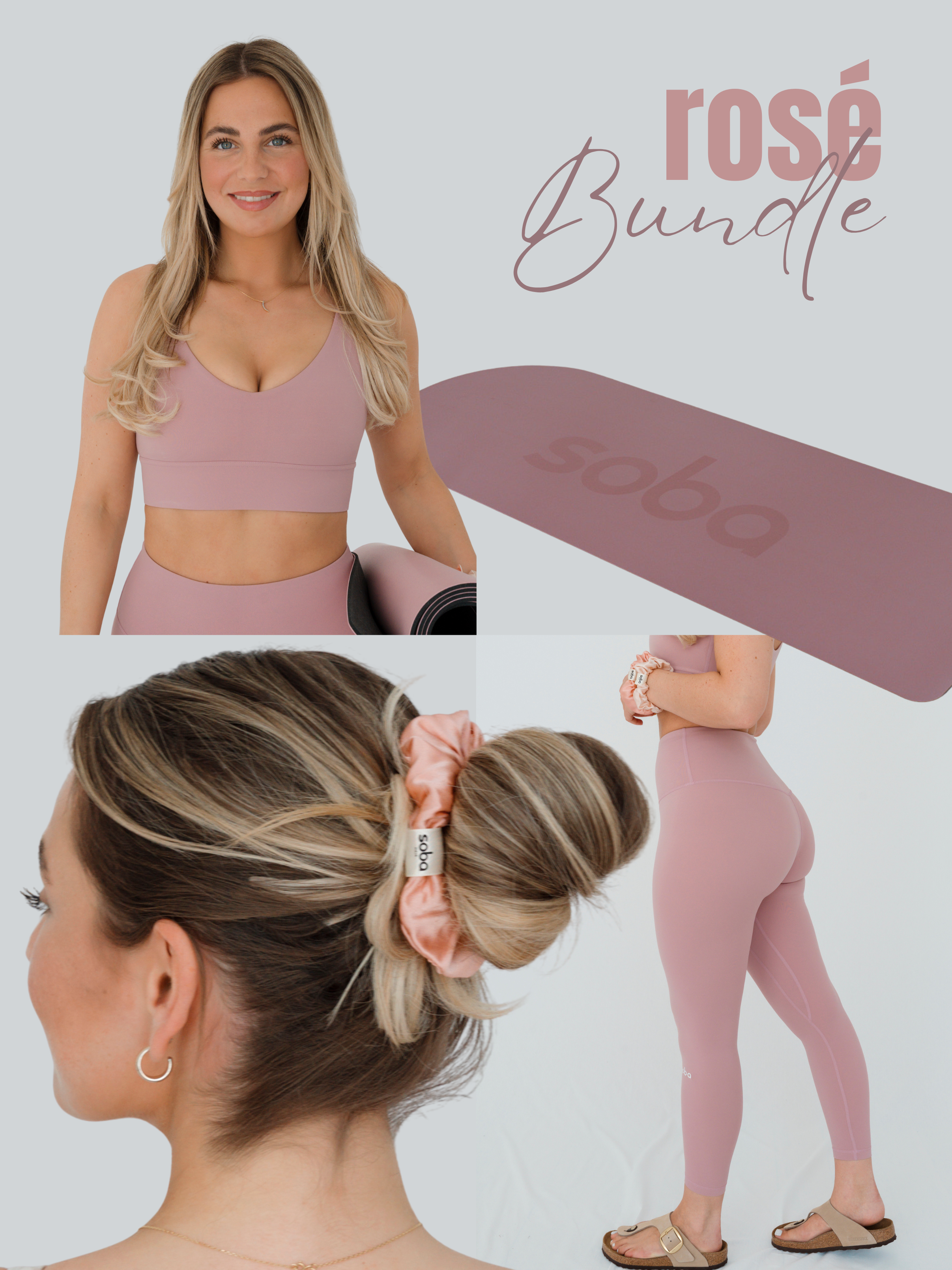rosé Bundle: Bra & Leggings, Trainingsmatte, Seiden-Scrunchie
